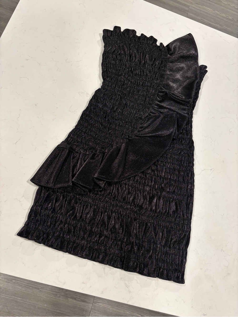 AREA Black Strapless Ruffle Smocked Mini Dress